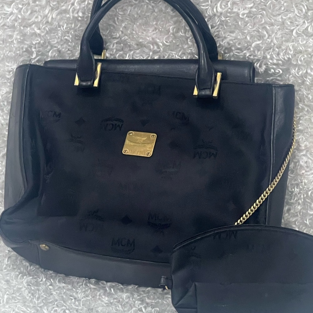 Mcm Black Visetos Nylon And Leather Tote